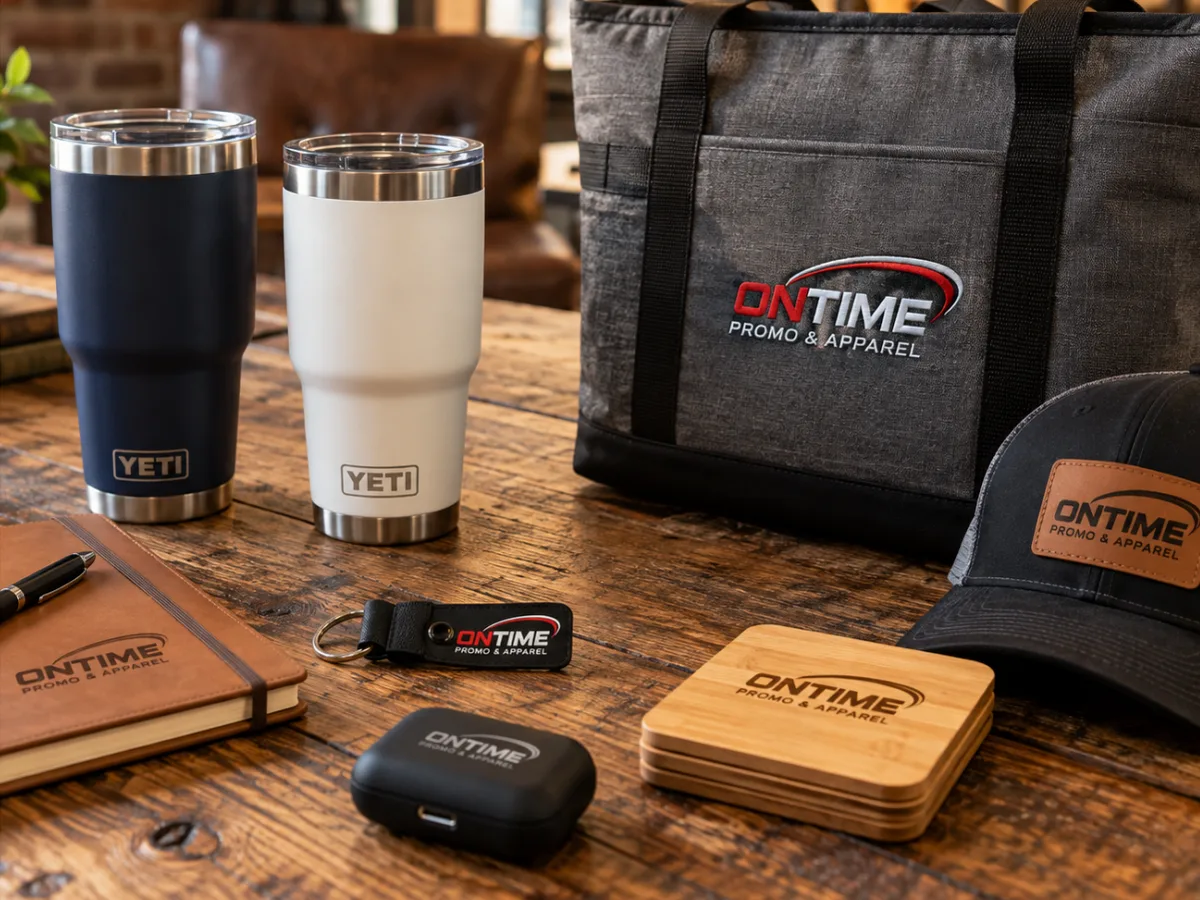 OnTime-branded YETI tumblers, cooler tote, journal, keychain, earbud case, bamboo coasters and leather-patch cap