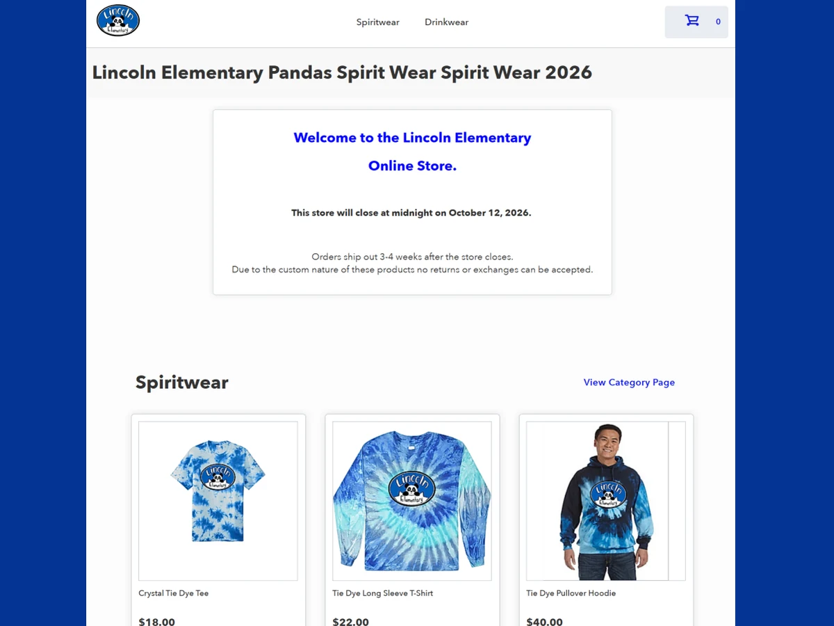 Example OnTime online store for a school spirit wear sale