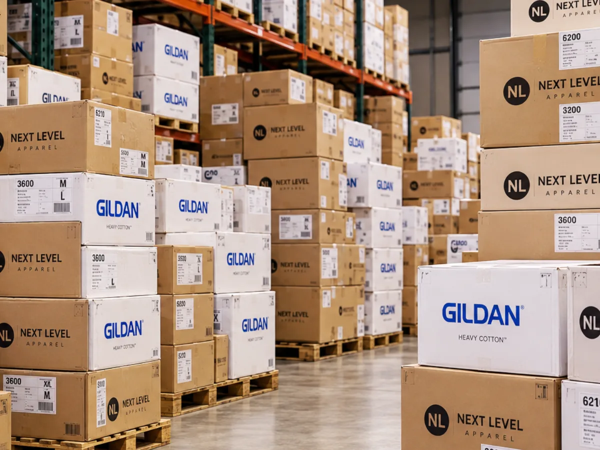 Cases of Gildan and Next Level blank apparel stacked on pallets in the OnTime warehouse