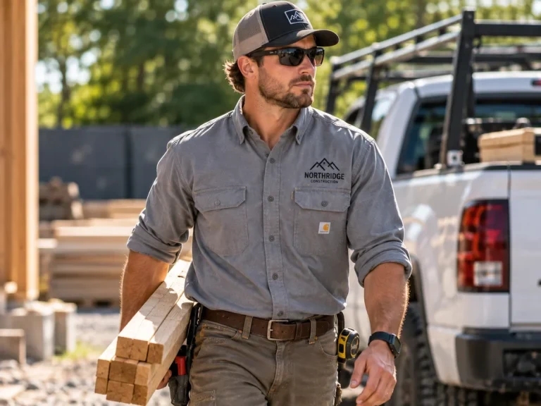 Worker in a gray Carhartt work shirt with an embroidered company logo carrying lumber at a job site