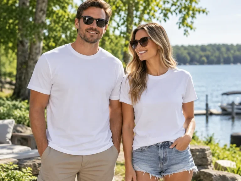 Man and woman wearing plain white t-shirts by a lake